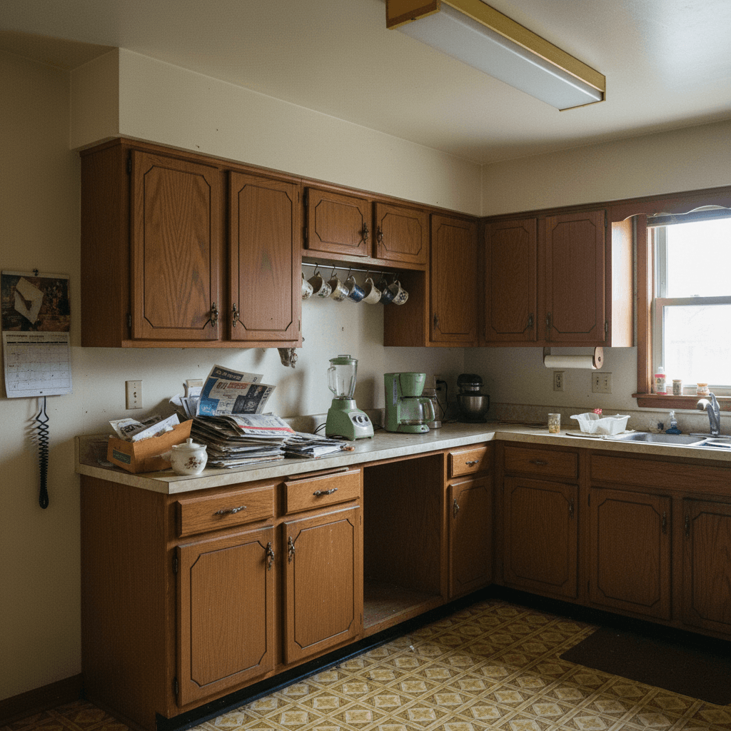 A dated kitchen with original cabinets and everyday clutter, shown as-is
