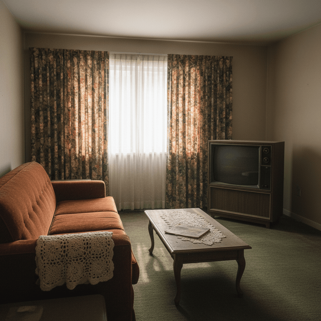 A dated living room with vintage furnishings